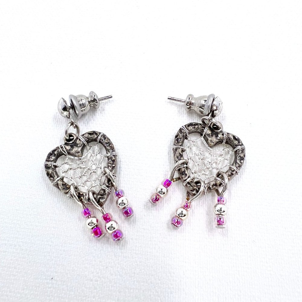 New / Hand Crafted - Silver Tone Heart Dreamcatcher & Pink Beaded Post Earrings.